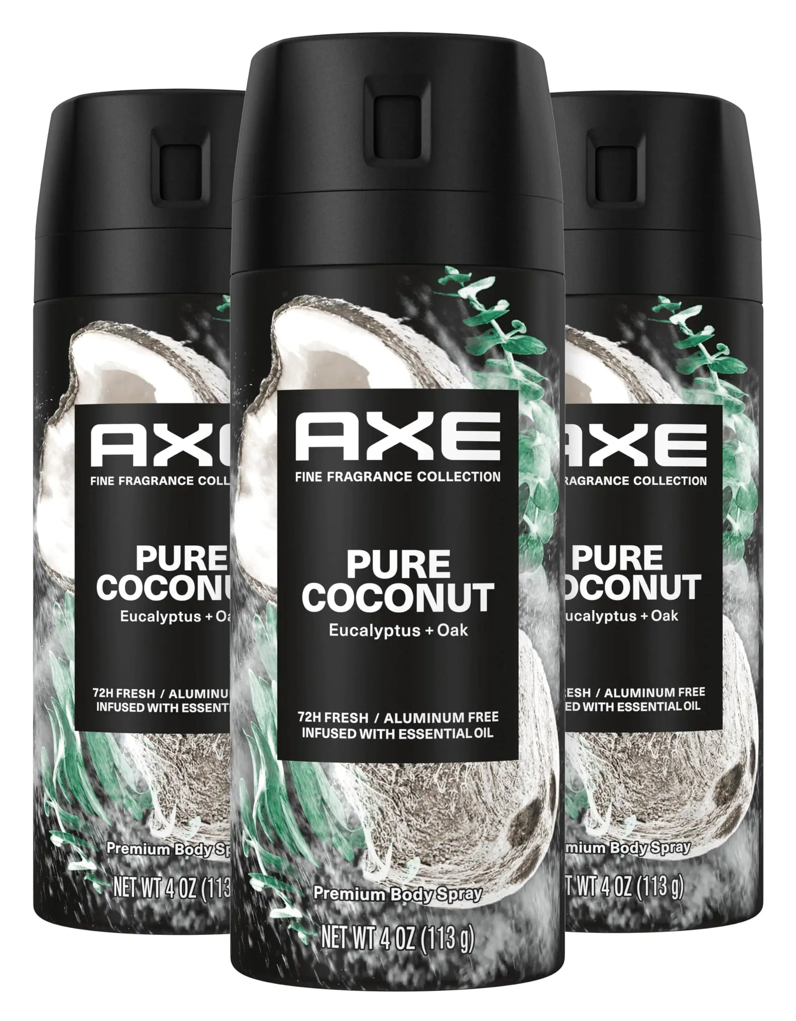 AXE Fine Fragrance Collection Premium Deodorant Body Spray for Men Pure Coconut 3 Count with 72H Odor Protection and Freshness Infused with Coconut, Eucalyptus, and Oak Essential Oils 4 oz 4 Ounce (Pack of 3)