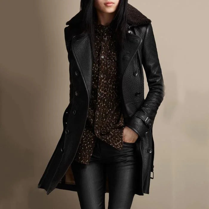 Slim-Fit Faux Leather Double-Breasted Coat