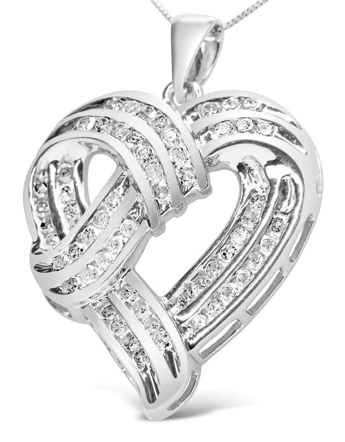 Load image into Gallery viewer, .925 Sterling Silver 1 1/4 Cttw Round Diamond Openwork Ribbon Weave Heart Pendant 18&quot; Necklace (I-J Color, I3 Clarity)
