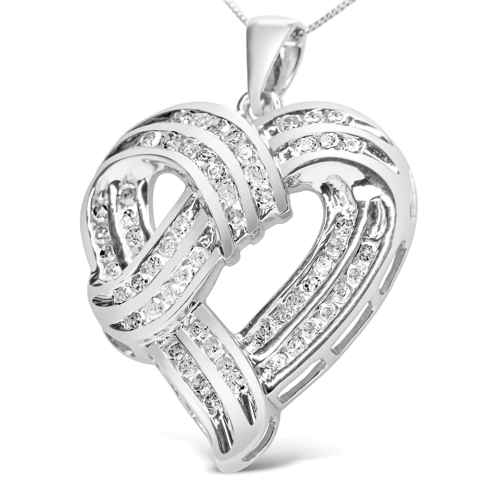 .925 Sterling Silver 1 1/4 Cttw Round Diamond Openwork Ribbon Weave Heart Pendant 18" Necklace (I-J Color, I3 Clarity)