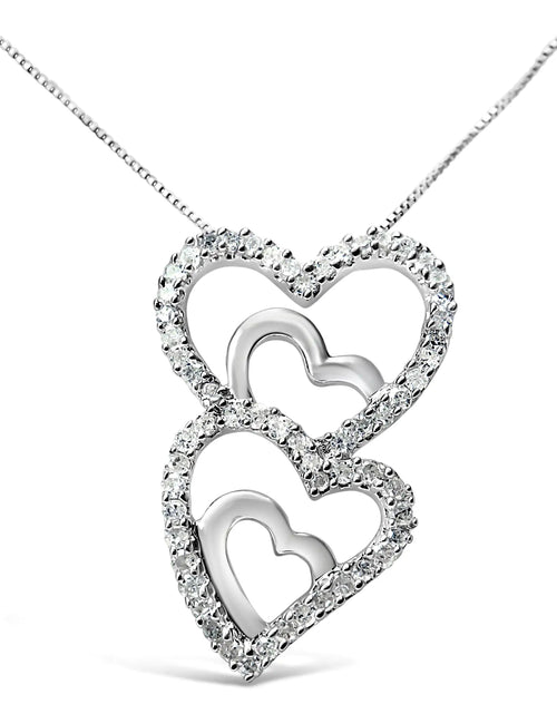 Load image into Gallery viewer, .925 Sterling Silver 3/8 Cttw Round Diamond Double Heart-in-Heart Pendant 18&quot; Necklace (I-J Color, I3 Clarity)
