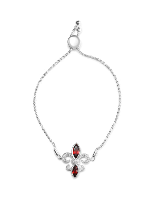 Load image into Gallery viewer, .925 Sterling Silver Marquise Garnet  and Diamond Accent Lariat 4”-10” Fleur De Lis Adjustable Bolo Bracelet (H-I Color, SI1-SI2 Clarity)
