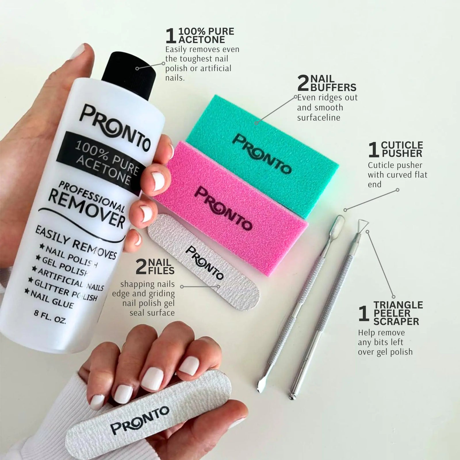 Pronto Acetone Nail Polish Remover 8 Fl Oz with Manicure Kit - Includes Nail File, Buffer, Pusher, Scraper - Pure Acetone 100 Percent - Quick & Professional Gel Acrylic Nail Remover Kit 8 Fl Oz + Manicure Kit