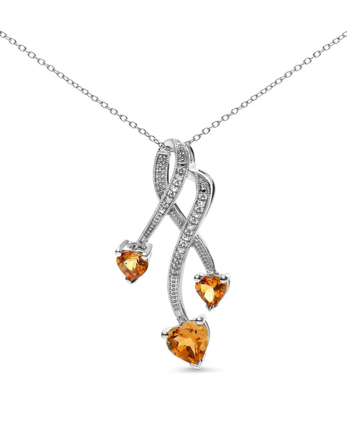 Load image into Gallery viewer, .925 Sterling Silver 3-Stone Heart Shape Citrine and Diamond Accent Spiral Drop 18&quot; Pendant Necklace (H-I Color, SI1-SI2 Clarity)
