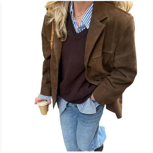 Load image into Gallery viewer, Women&#39;s Artistic Retro Fashion Brown Lapel Jacket With Pockets
