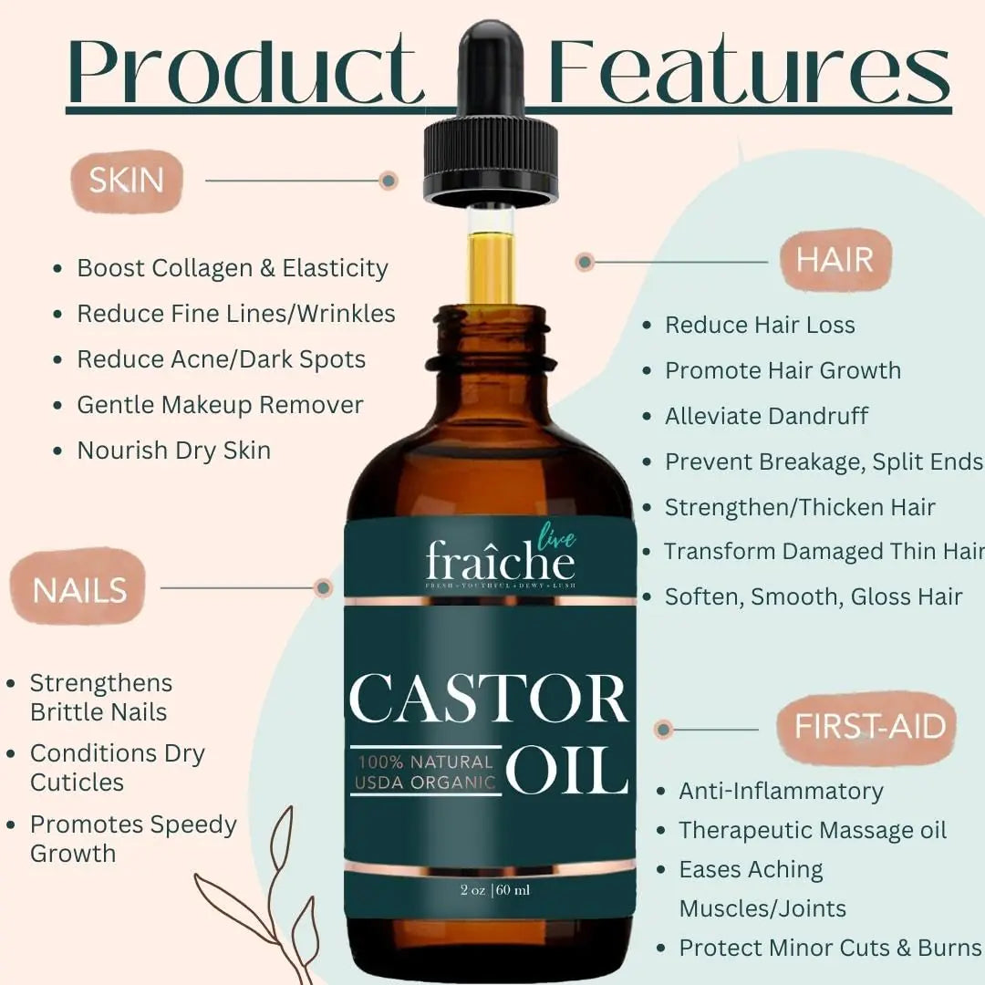 Organic Castor Oil for Face (2oz) + FREE Filled Mascara Tube USDA Cert, 100% Pure, Cold Pressed, Hexane Free by Live Fraiche. Hair Growth Oil for Eyelashes, Eyebrows, Lash Growth Serum. Brow Treatment 2 Fl Oz (Pack of 1)