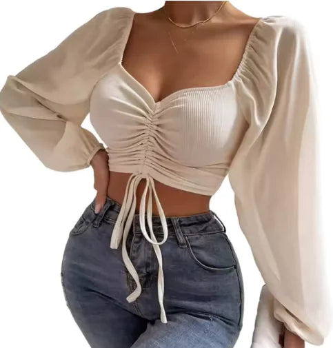 Load image into Gallery viewer, V-Neck Drawstring Crop Top with Balloon Sleeves – Stylish Streetwear
