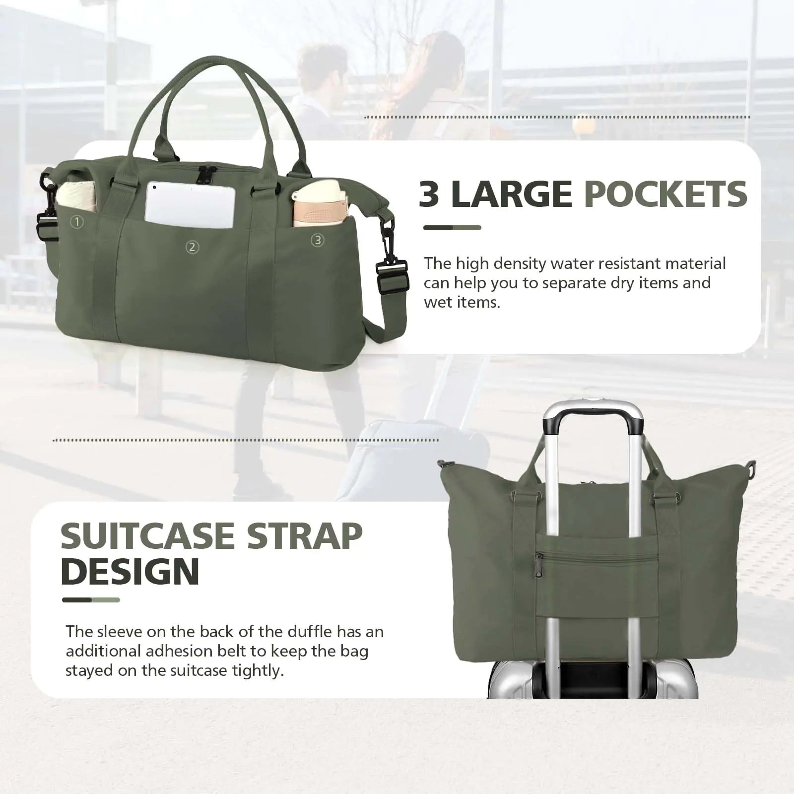 Travel Duffle Bag, Waterproof Weekender Bag Carry On Tote Bags for Women, Travel Essentials Sport Gym Bag for Men, Hospital Bag for Labor and Delivery, Overnight Bag Luggage Bag with Trolley Sleeve 06 Dark Green