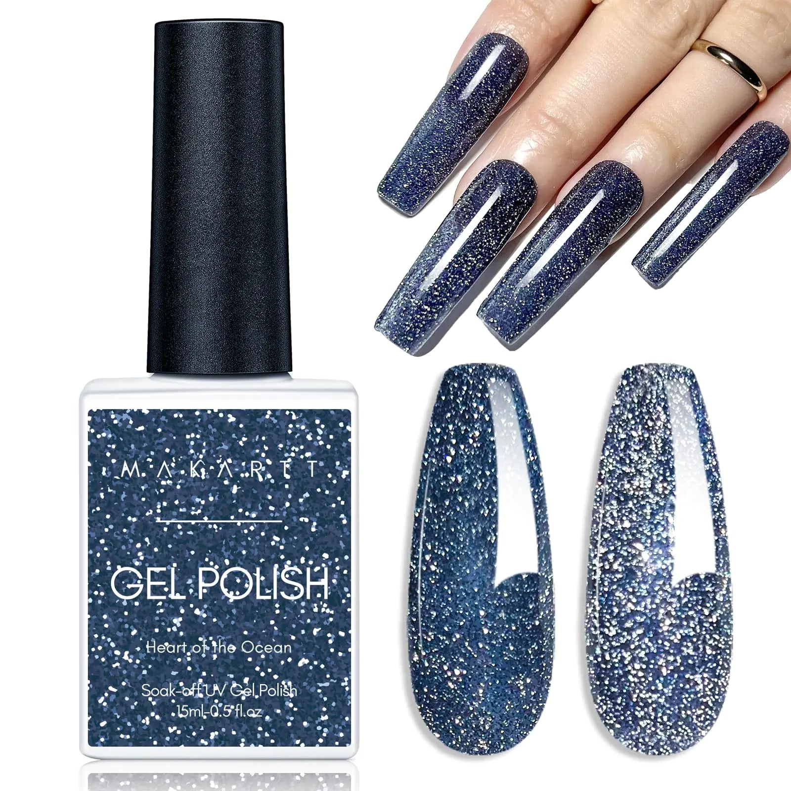 Makartt Reflective Gel Nail Polish HEART OF THE OCEAN Glitter Sparkling Disco Soak Off Diamond Gel Nail Art Christmas Gift DIY Manicure Salon at Home Glamour Shine Blue 15ML