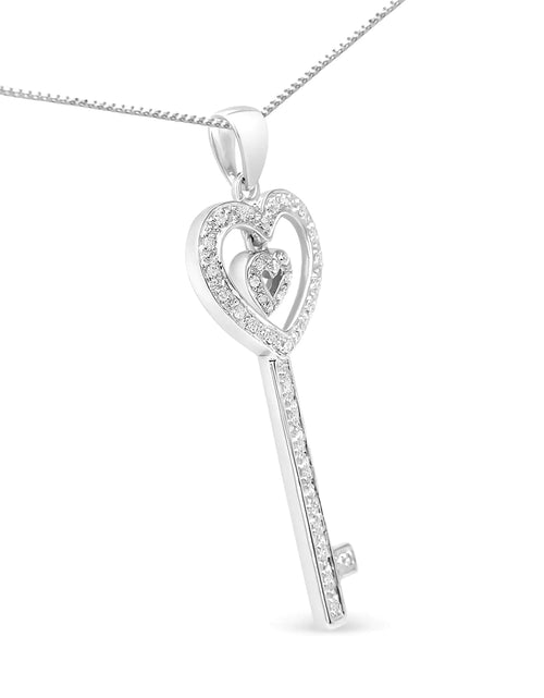 Load image into Gallery viewer, .925 Sterling Silver 1/5 Cttw Round-Cut Diamond Double Heart &amp; Key 18&quot; Pendant Necklace (I-J Color, I3 Clarity)
