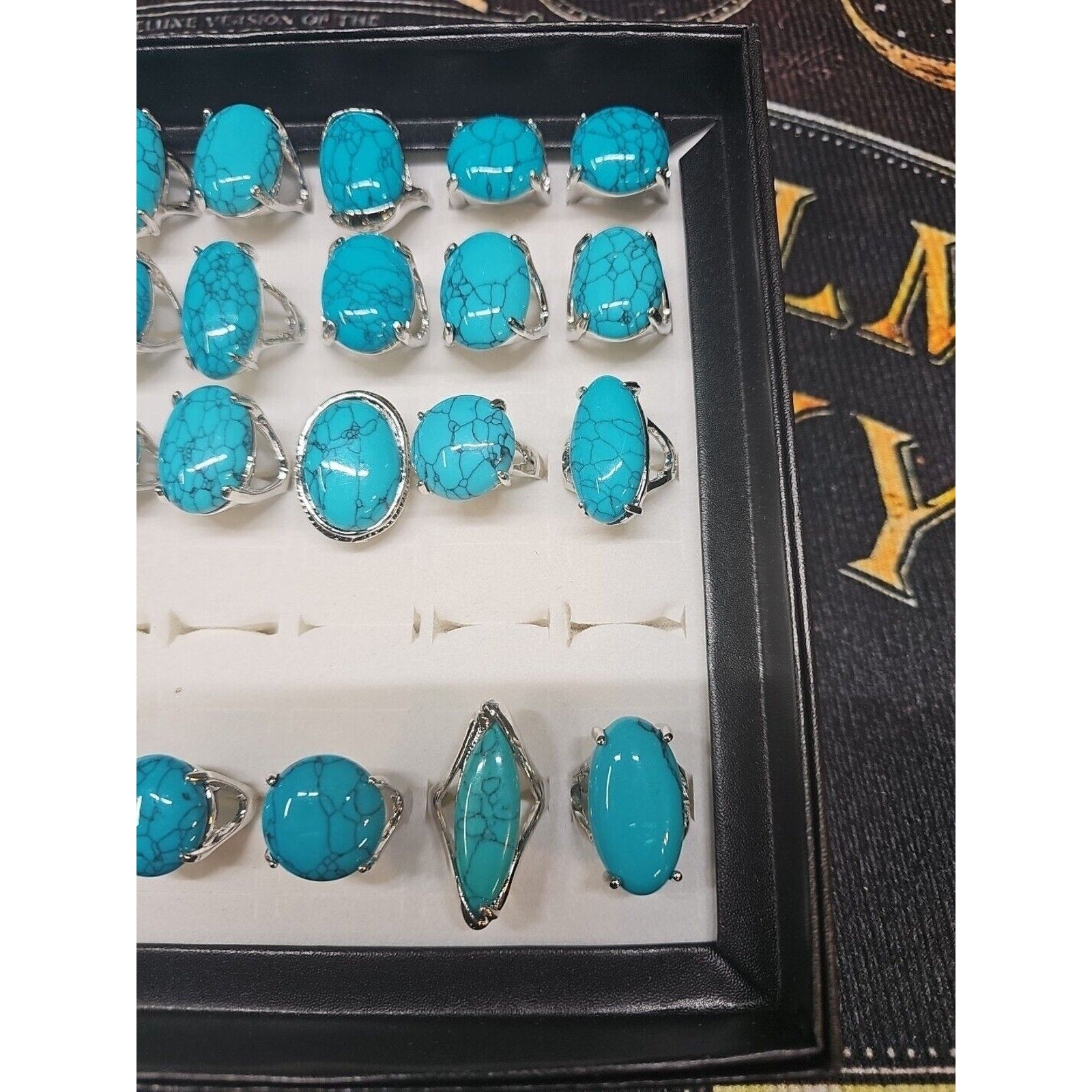 Wholesale Stone Ring Lot 40pcs W/ Box Multiple sizes Turquoise pattern