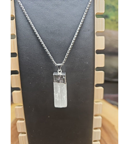 Selenite Crystal Necklace 18in Stainless Steel Chain Protection Healing