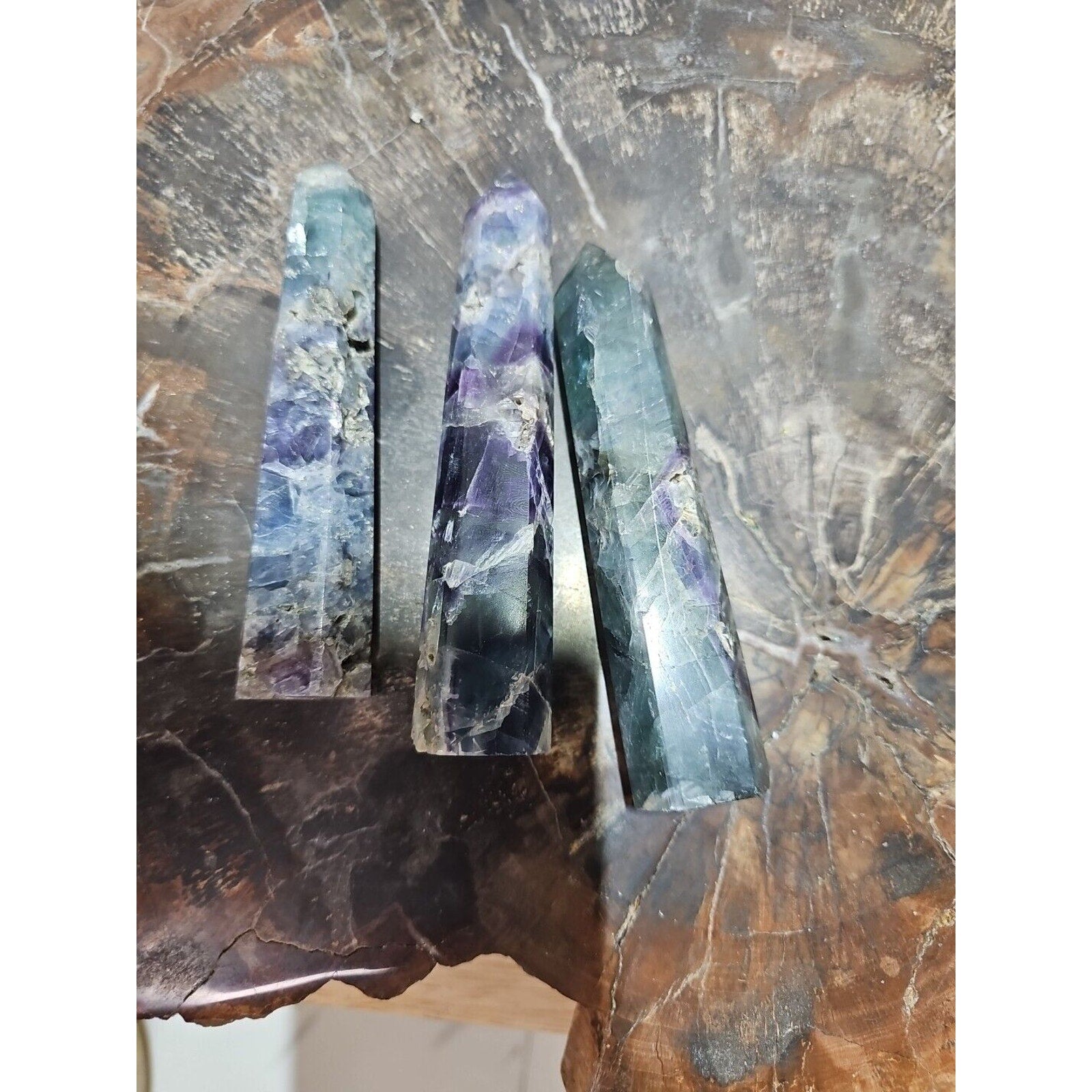 440g 3pcs Natural Rainbow Fluorite Quartz Crystal Point Tower Polished Healing