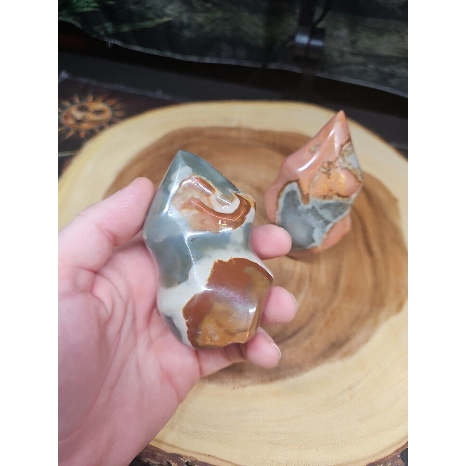 1.40LB 2Pcs Natural Polychrome Ocean Jasper Crystal Flame Point Carved Healing
