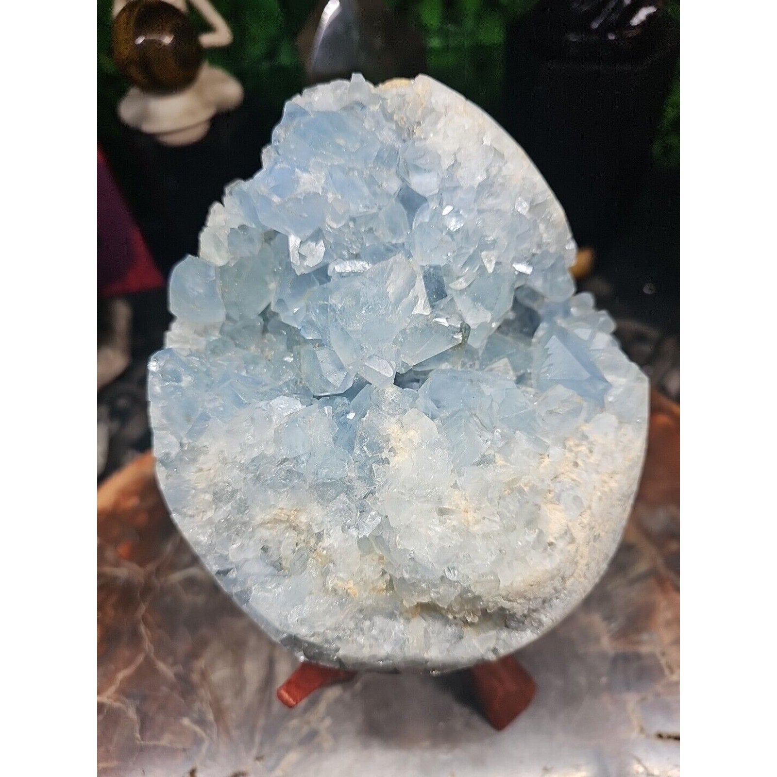 10.45LB Natural Beautiful Blue Celestite Crystal Geode W/ Stand