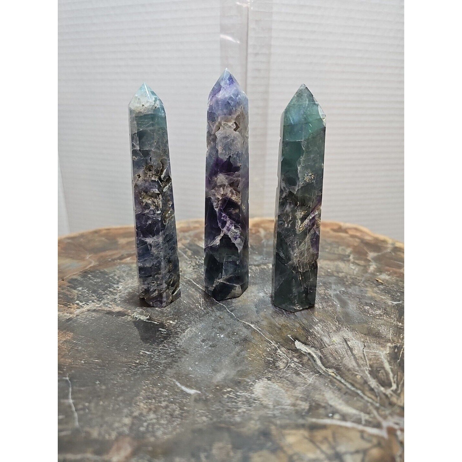 440g 3pcs Natural Rainbow Fluorite Quartz Crystal Point Tower Polished Healing