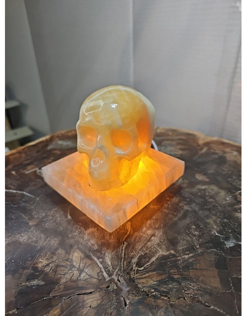 Load image into Gallery viewer, 2.17LB 2Pcs Natural Translucent Calcite Crystal Skull W/satin Spar Base &amp; Led
