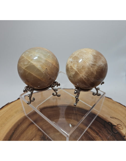 Load image into Gallery viewer, Peach Moonstone Spheres 1 Pair 55mm Each W/Stands
