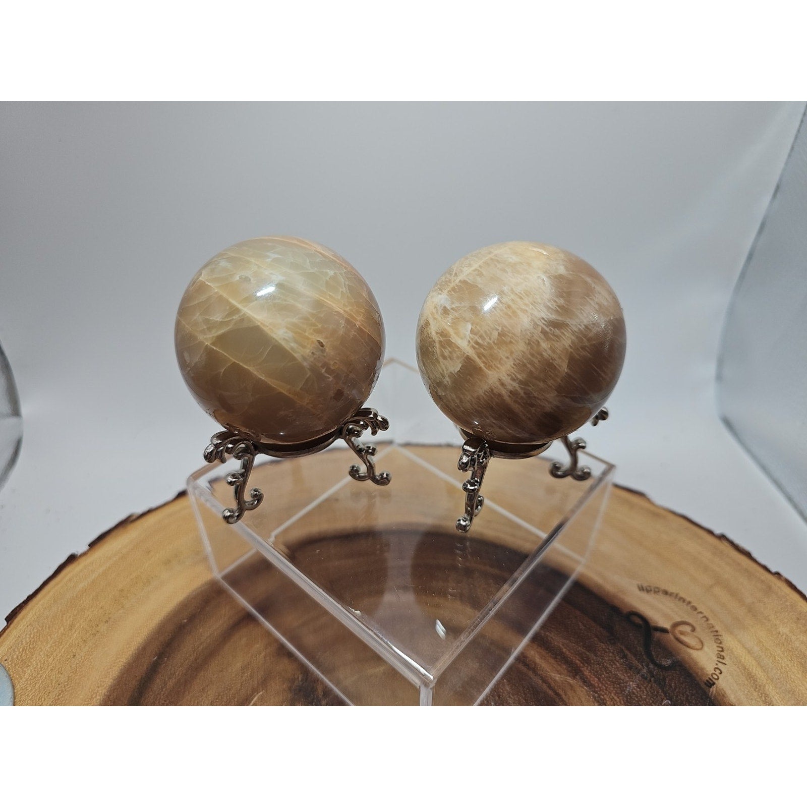 Peach Moonstone Spheres 1 Pair 55mm Each W/Stands