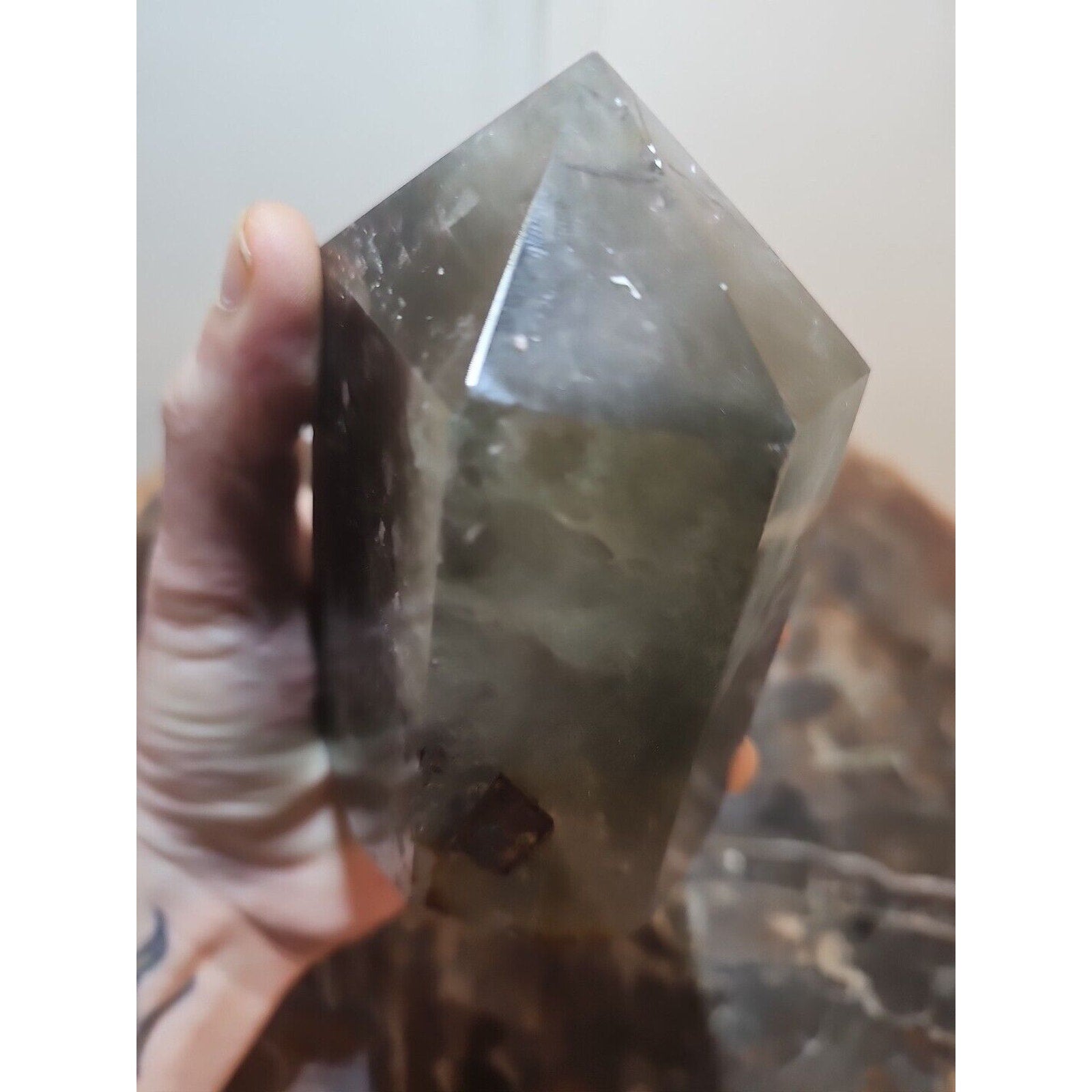 1.73LB Natural Green Ghost Phantom Quartz Crystal Obelisk Wand Point Healing.