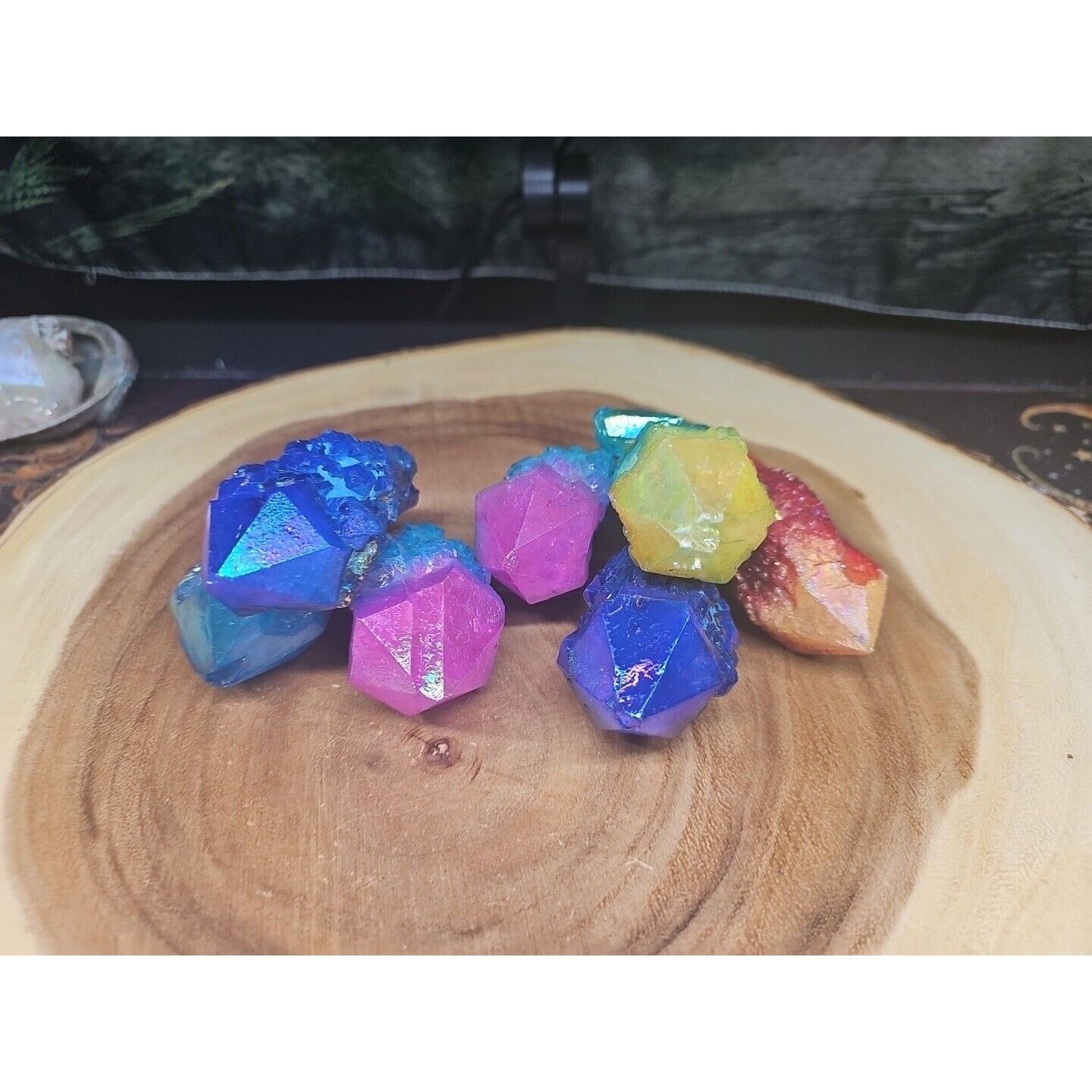 1.75LB 7Pcs Rainbow Aqua Aura Quartz Crystal Cluster Points Titanium Coating