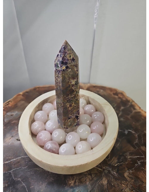 Load image into Gallery viewer, 1.90LB 1Pcs Natural Purple Tower &amp; 22 Rose Quartz Crystal Spheres W/wood Bowl
