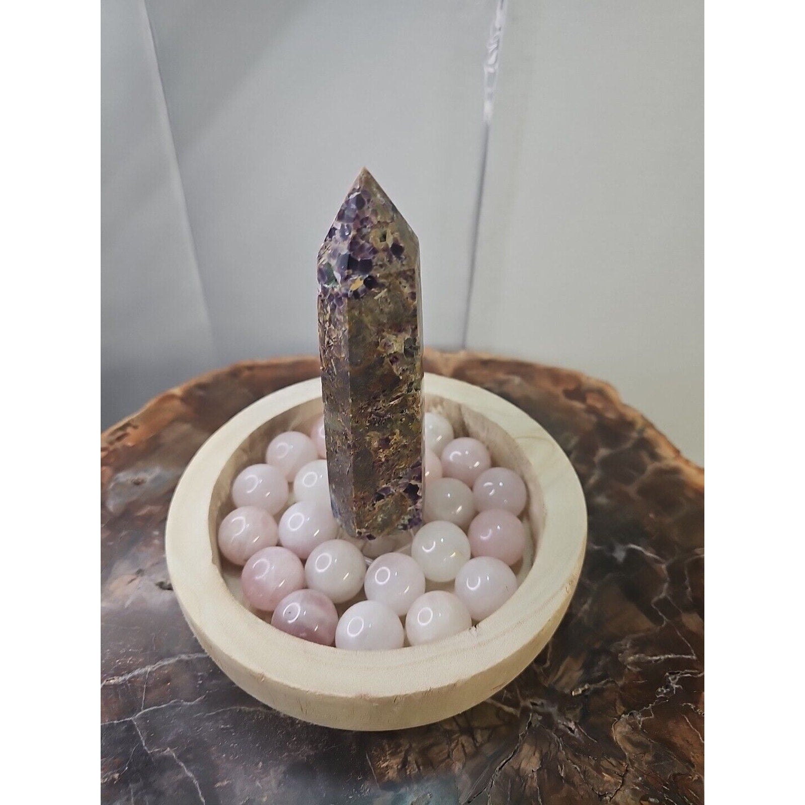 1.90LB 1Pcs Natural Purple Tower & 22 Rose Quartz Crystal Spheres W/wood Bowl