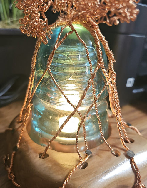 Load image into Gallery viewer, Copper Wire Bonsai Tree On Lighted Glass Insulator And Wood Base 10&quot; Handcrafted
