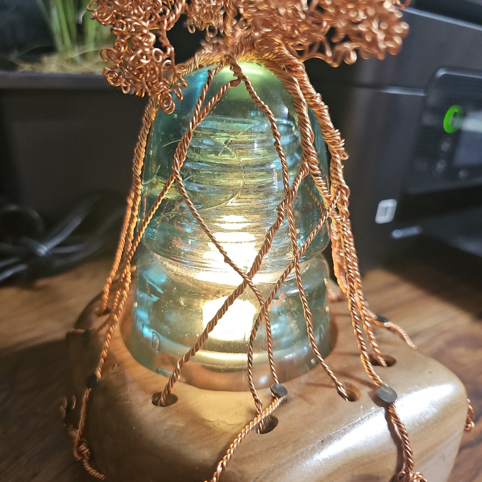 Copper Wire Bonsai Tree On Lighted Glass Insulator And Wood Base 10" Handcrafted
