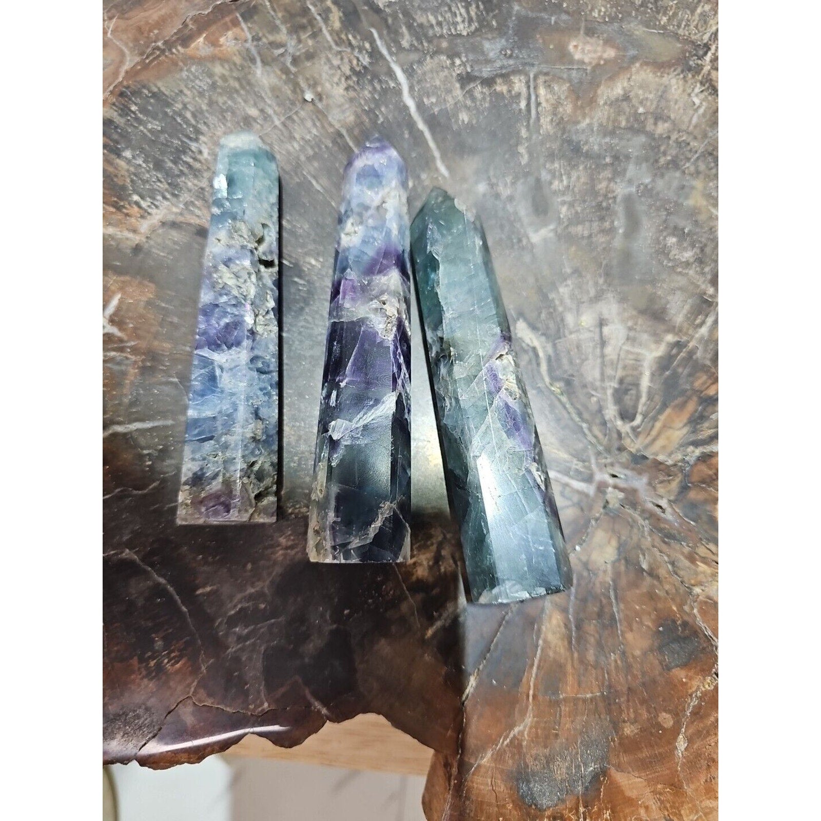 440g 3pcs Natural Rainbow Fluorite Quartz Crystal Point Tower Polished Healing