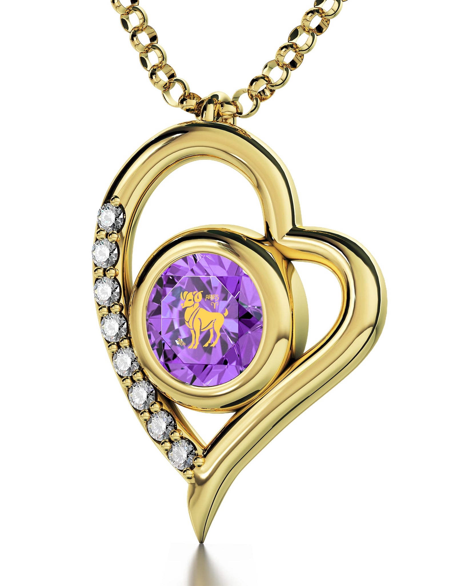 Gold Plated Silver Aries Necklace Zodiac Heart Pendant 24k Gold inscribed on Crystal