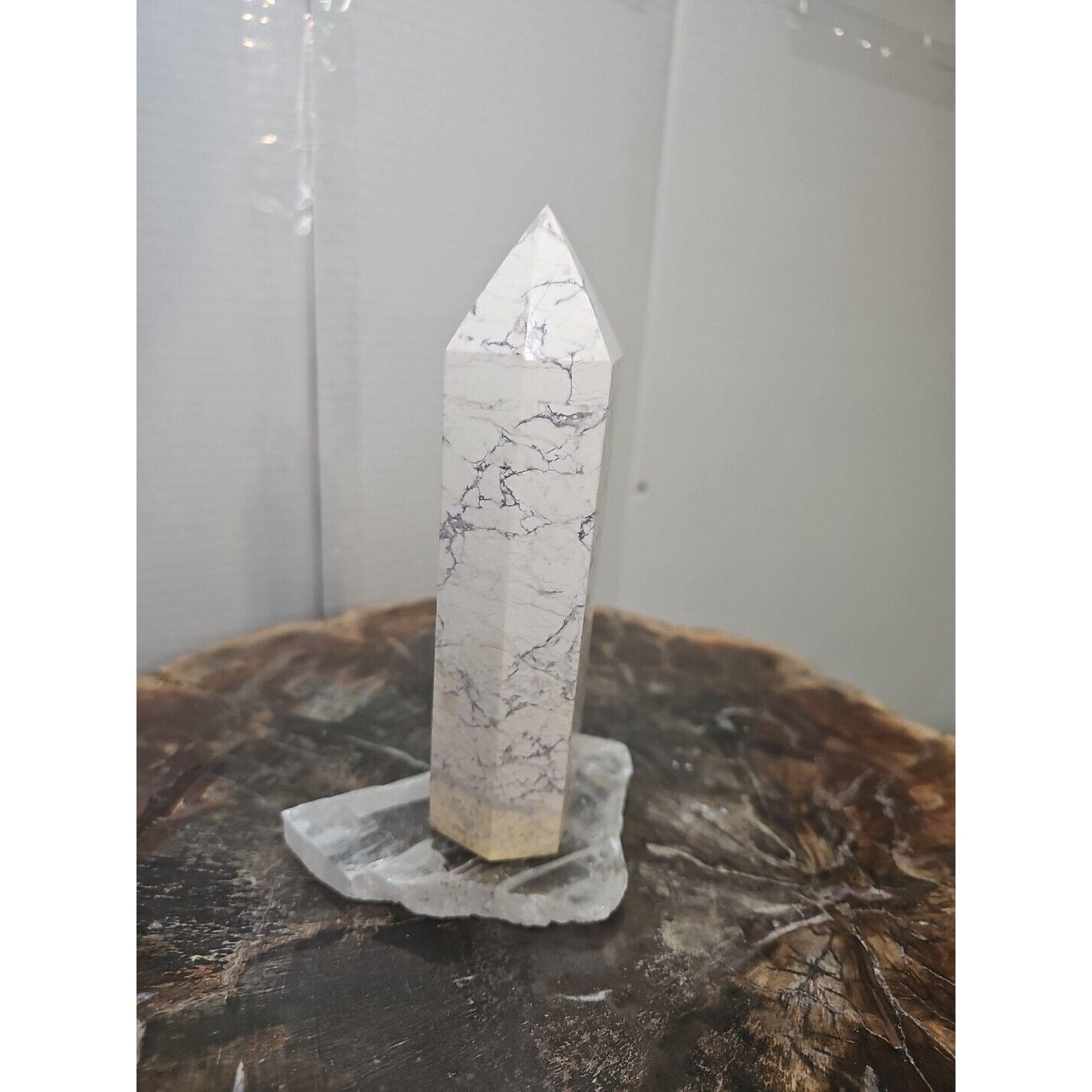 1 Natural White Howlite Crystal Tower Obelisk Polished W/Selenite Base