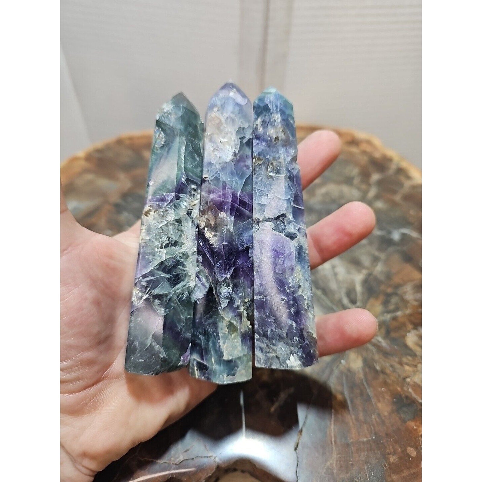 440g 3pcs Natural Rainbow Fluorite Quartz Crystal Point Tower Polished Healing