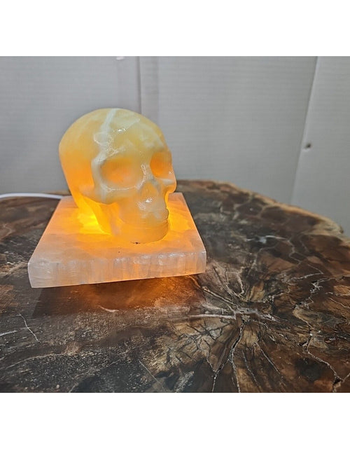 Load image into Gallery viewer, 2.17LB 2Pcs Natural Translucent Calcite Crystal Skull W/satin Spar Base &amp; Led
