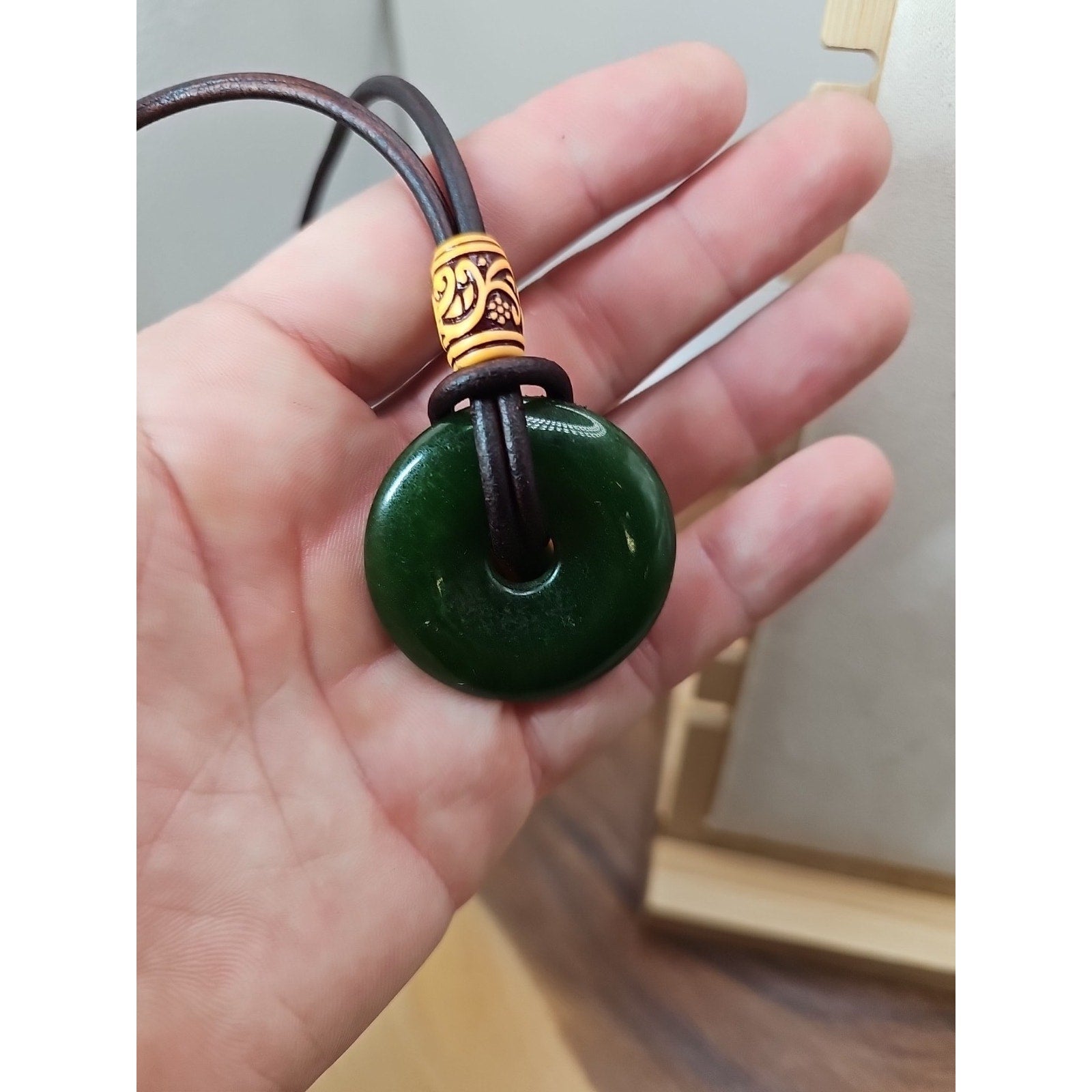Green jade good luck pendant 16in Leather Cord