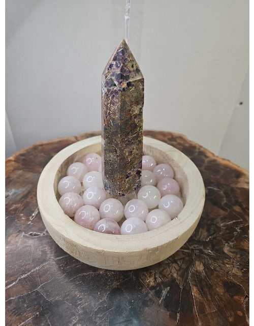 Load image into Gallery viewer, 1.90LB 1Pcs Natural Purple Tower &amp; 22 Rose Quartz Crystal Spheres W/wood Bowl
