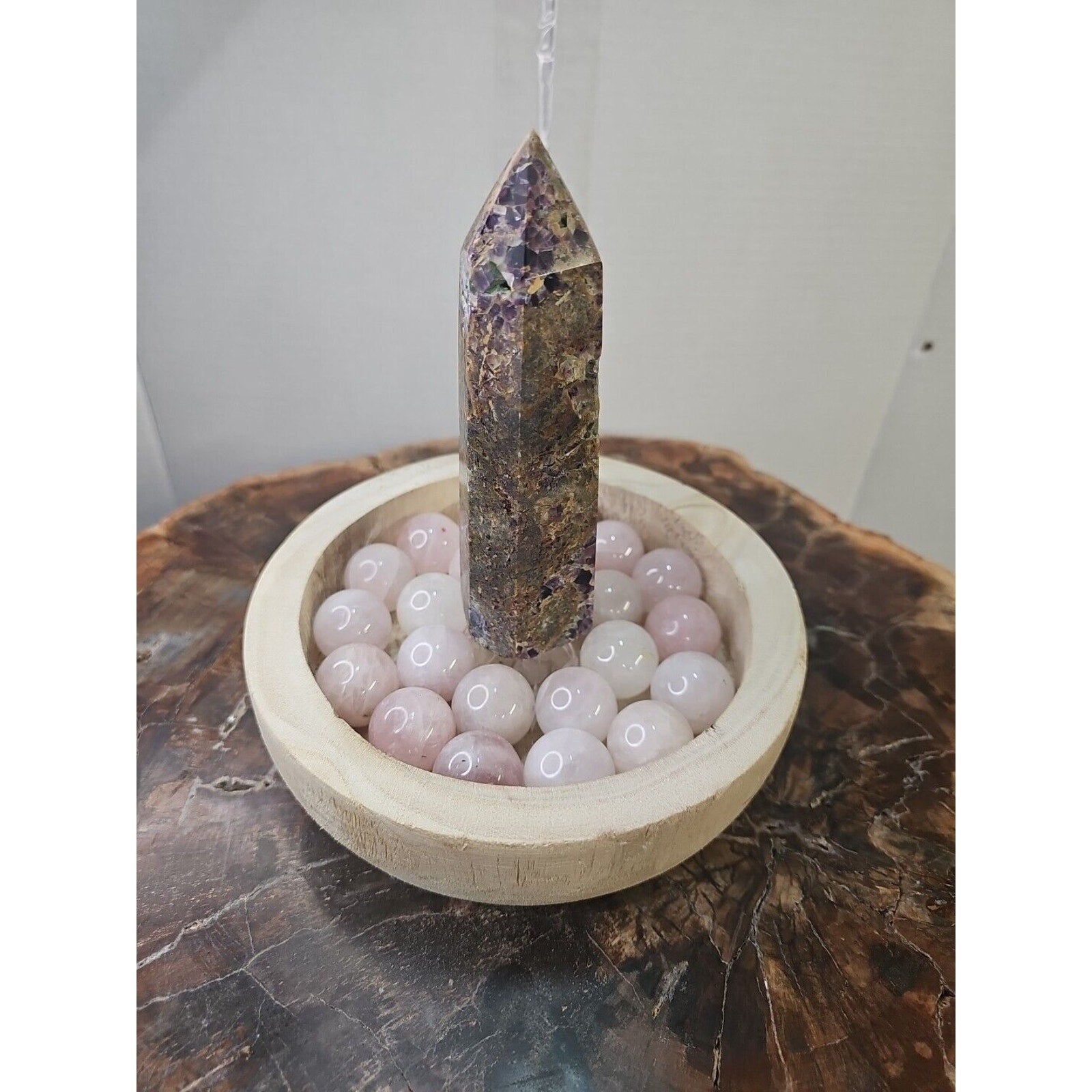 1.90LB 1Pcs Natural Purple Tower & 22 Rose Quartz Crystal Spheres W/wood Bowl