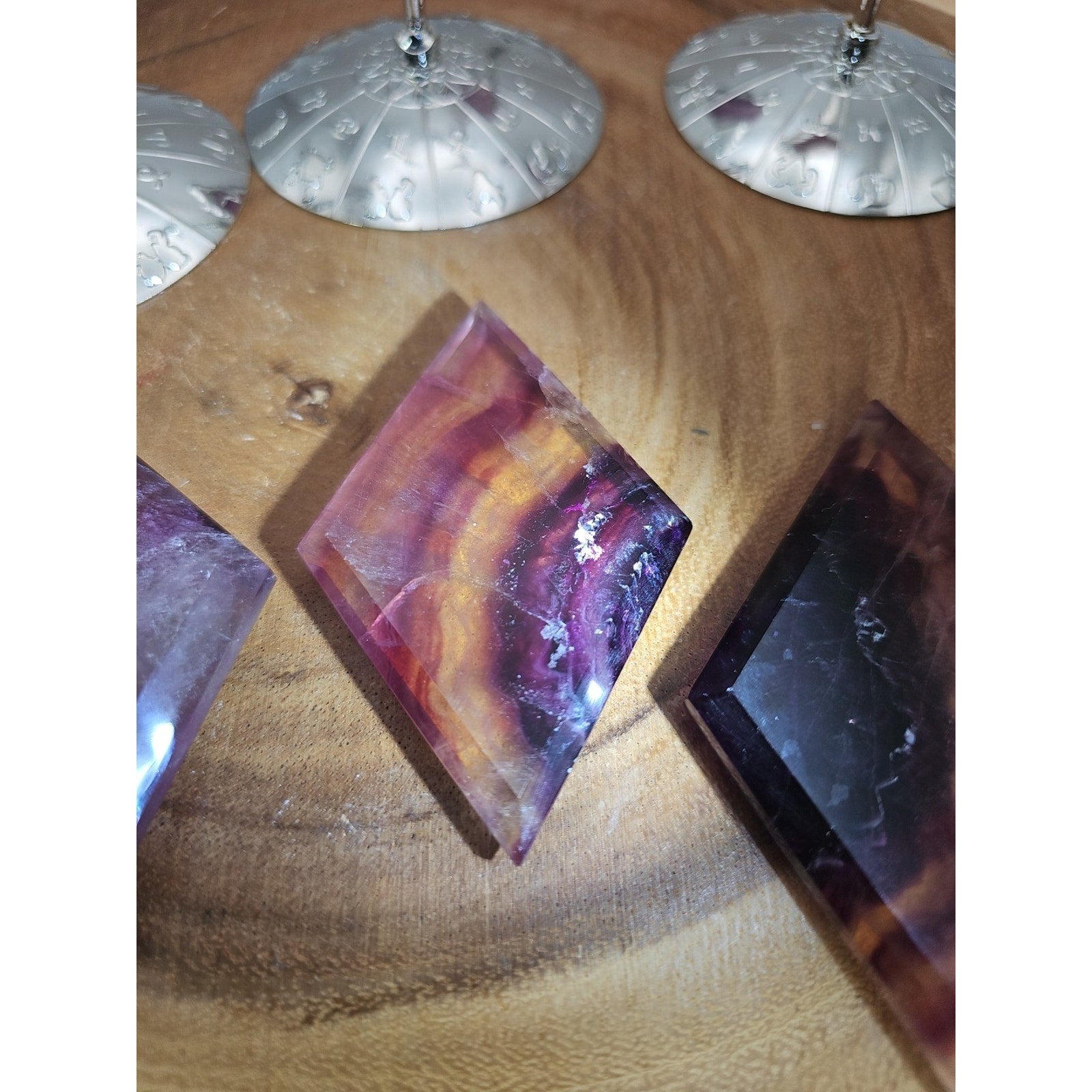 1 Each Natural Rainbow Fluorite Diamond W/ Zodiac stand