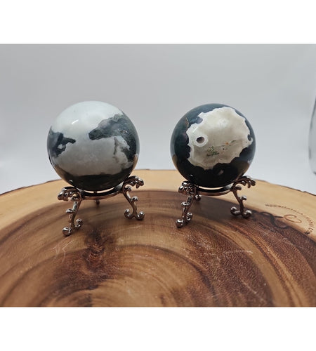 1 Pair Moss Tree Agate Sphere W/Stand 52mm .93lb