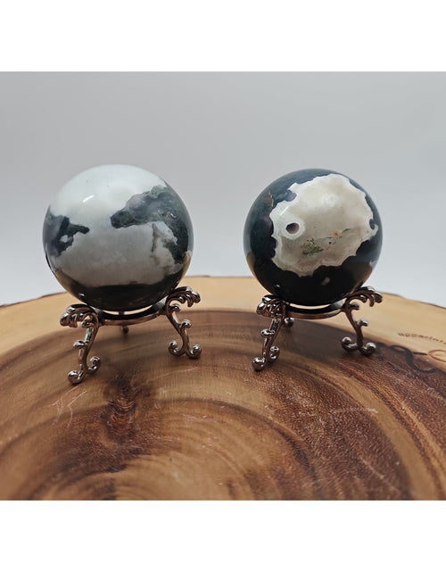 Load image into Gallery viewer, 1 Pair Moss Tree Agate Sphere W/Stand 52mm .93lb
