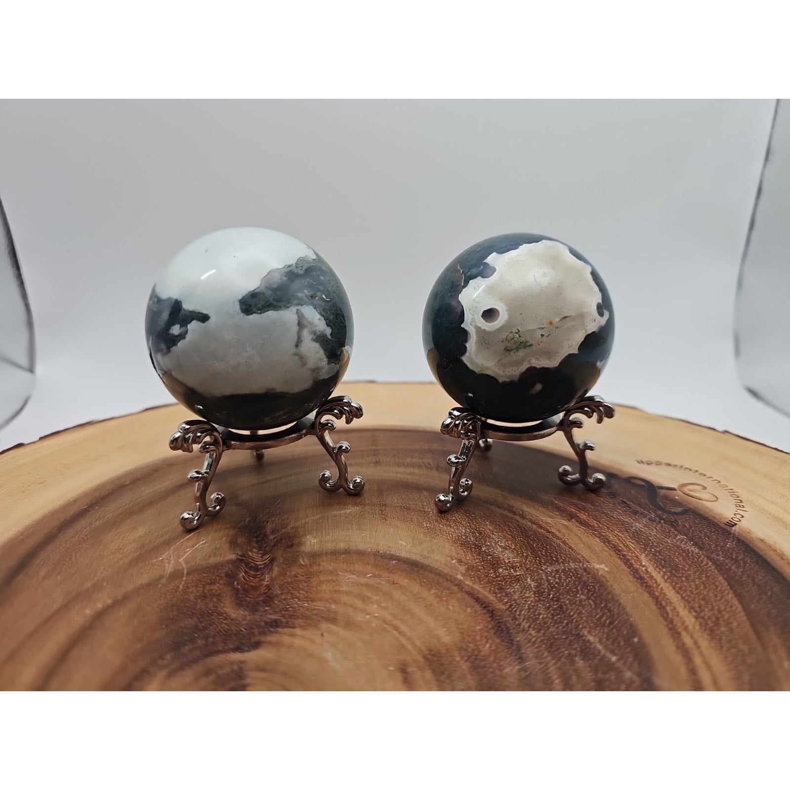 1 Pair Moss Tree Agate Sphere W/Stand 52mm .93lb