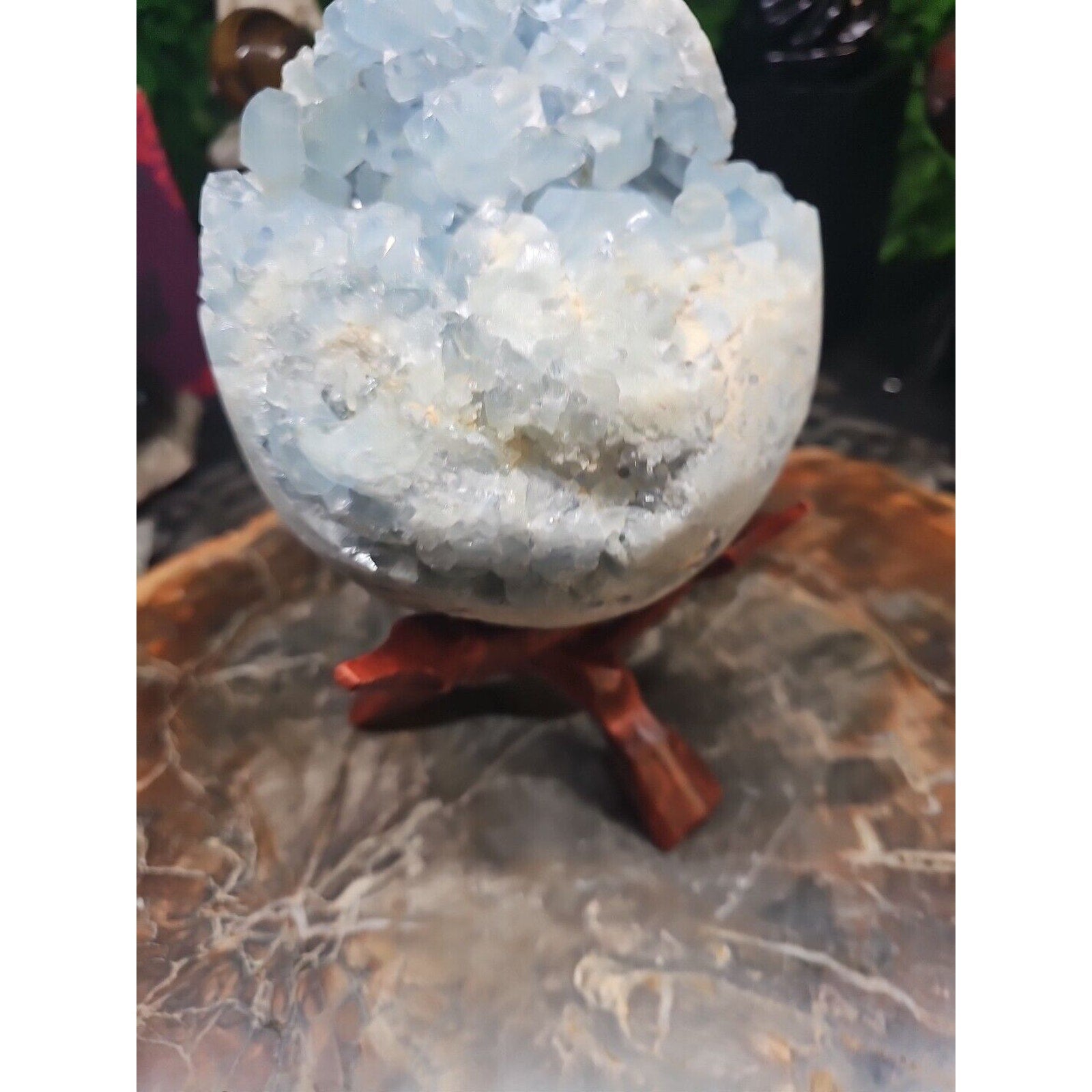 10.45LB Natural Beautiful Blue Celestite Crystal Geode W/ Stand