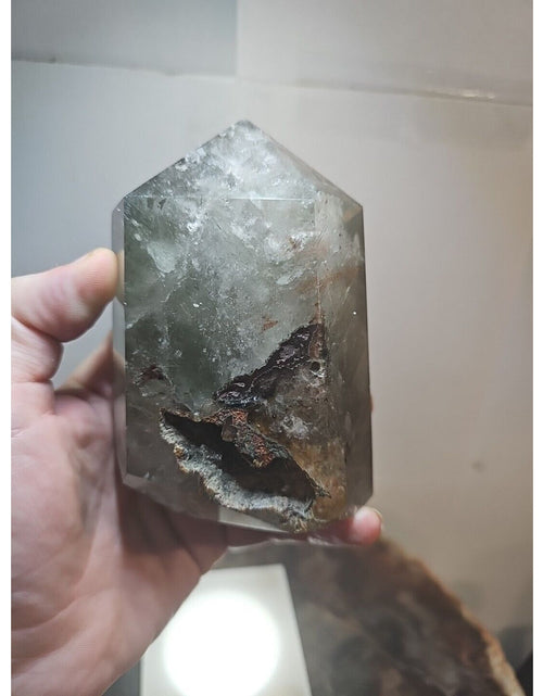 Load image into Gallery viewer, 1.73LB Natural Green Ghost Phantom Quartz Crystal Obelisk Wand Point Healing.
