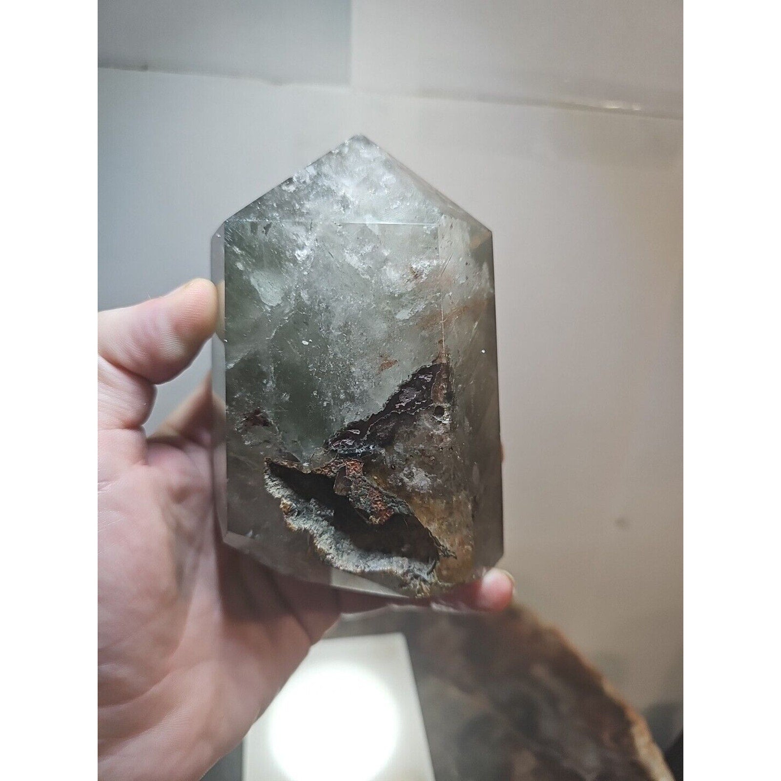 1.73LB Natural Green Ghost Phantom Quartz Crystal Obelisk Wand Point Healing.