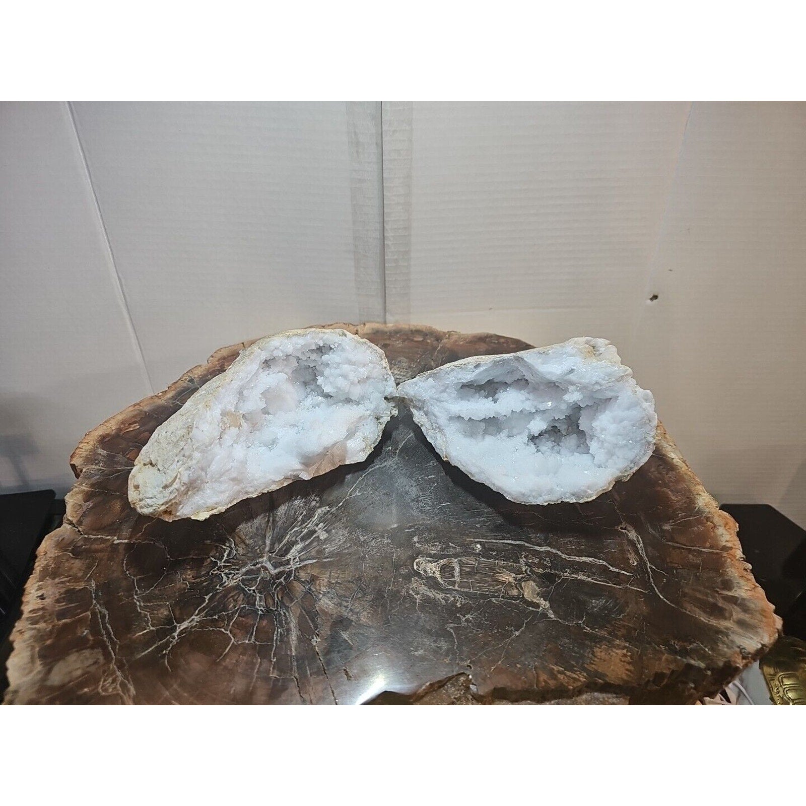 3.88lbs Large Pair Geode Crystal Moroccan Quartz W /Stand