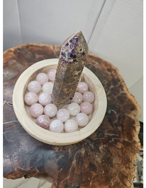 Load image into Gallery viewer, 1.90LB 1Pcs Natural Purple Tower &amp; 22 Rose Quartz Crystal Spheres W/wood Bowl
