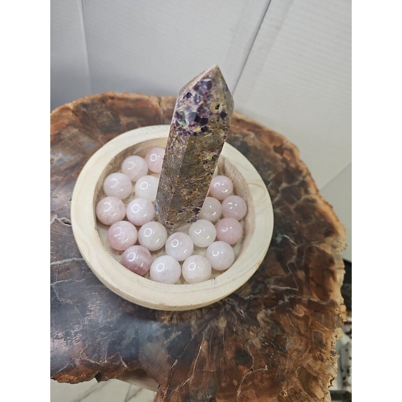 1.90LB 1Pcs Natural Purple Tower & 22 Rose Quartz Crystal Spheres W/wood Bowl