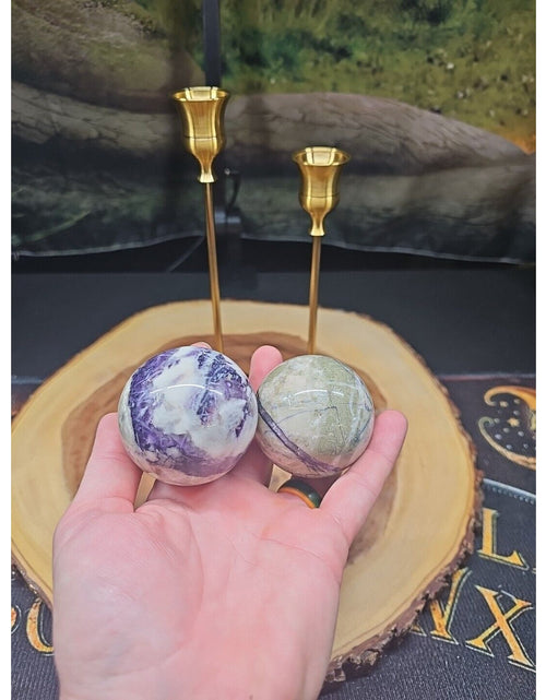 Load image into Gallery viewer, Amethyst Chevron Sphere Pair W/Stands
