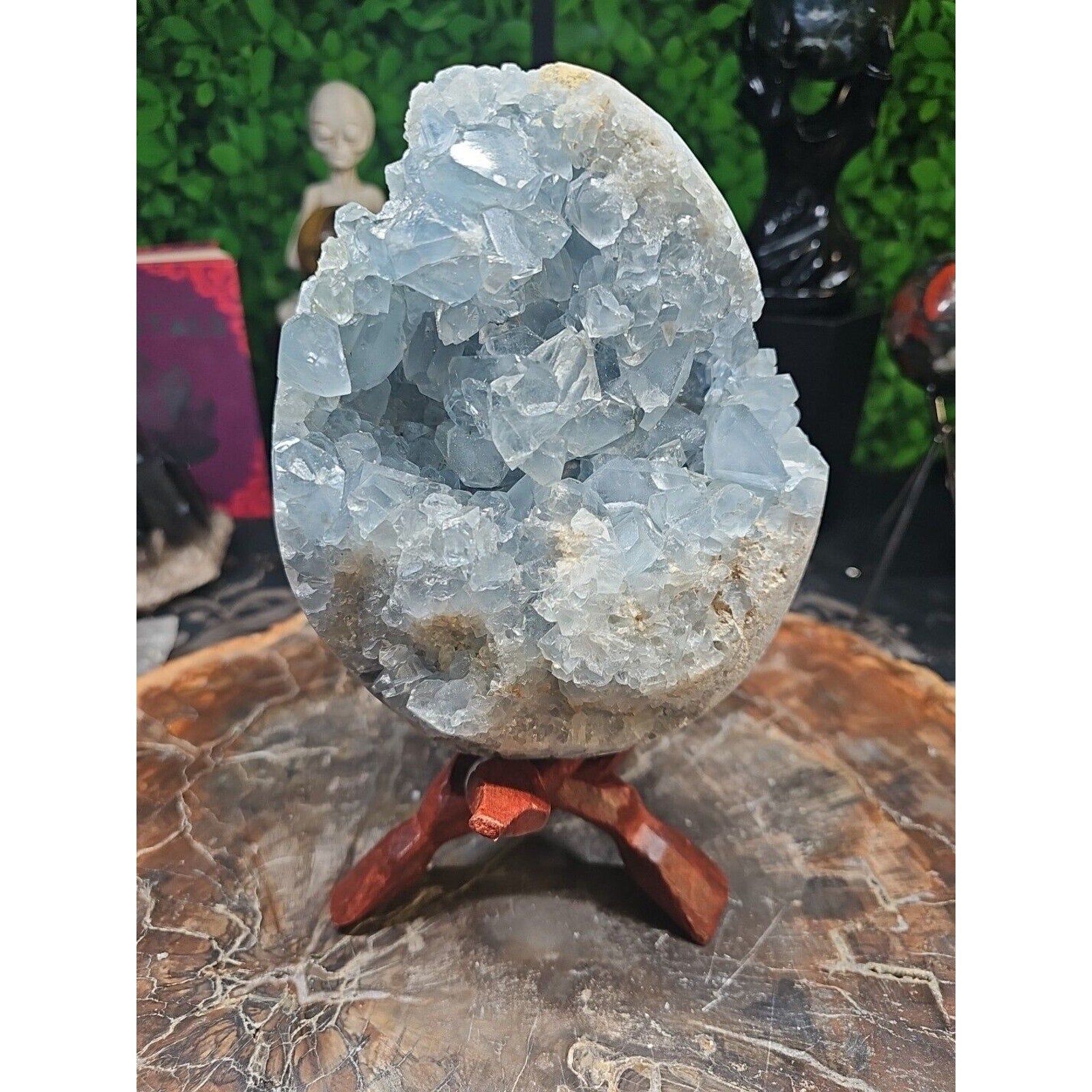 10.45LB Natural Beautiful Blue Celestite Crystal Geode W/ Stand