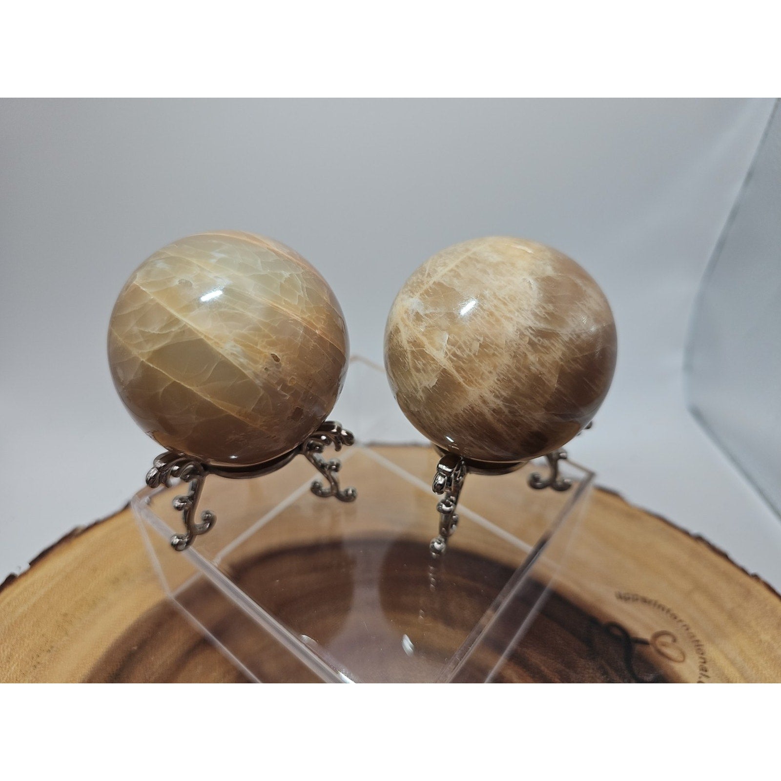 Peach Moonstone Spheres 1 Pair 55mm Each W/Stands